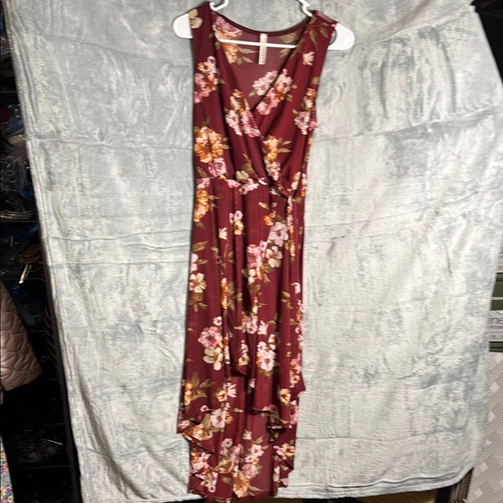 Floral Sleeveless Dress - Burgundy women’s medium faux wrap style asymmetric hem